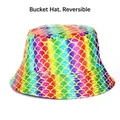 Close-up view of a reversible bucket hat featuring shiny rainbow mermaid scale pattern - Iridescent Fish Scale Style (17#) / Reversible / 17# (Rainbow Fish Scale)