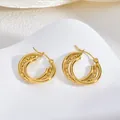 Boucles d'oreilles créoles géométriques à trois couches en acier inoxydable doré et poli - Style Créoles à Trois Couches Motif Losanges (BJ273) / Or