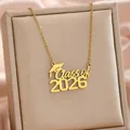 Macro view of gold stainless steel Class of 2026 pendant necklace for graduation - Class of 2026 Style / Gold