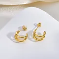 Boucles d'oreilles créoles dorées en acier inoxydable à triple ligne géométrique - Style en Forme de C à Arc Géométrique à Trois Couches (BJ274) / Or