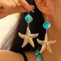 Bohemian beach style golden starfish drop earrings with blue shell accents for women - Shell Starfish Dangle Style (WG1-0303) / Gold