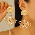Pendientes colgantes de pulpo y concha dorados grandes estilo playa para mujer - Dorado Concha Pulpo