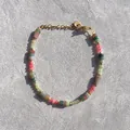 Detailed view of colorful natural stone beads and gold-plated hardware on a minimalist bracelet - One Size / Pink Green Dark Green Brown Red Cut Stone Style (13) / 17+3cm