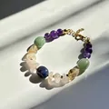Close-up macro view of natural amethyst and quartz beads on a colorful dopamine bracelet - One Size / Multicolor Natural Crushed Stone Style (17) / 17+3cm