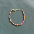 Handgemaakte kleurrijke natuursteen kralenarmband met gouden hartbedeltje voor dames - Eén maat / Rozeroze Geslepen Steen Bruin Geaderde Steen Stijl (4) / 17+3cm