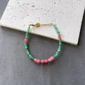 Colorful faceted natural stone beaded bracelet with gold accents in variant pink/green color. - One Size / Green Pink Cut Stone Heart Charm Style (1) / 17+3cm