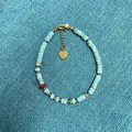 Turquoise natural stone beaded bracelet with golden heart charm and extender chain. - One Size / Sky Blue Cylinder Natural Stone Style (30) / 17+3cm