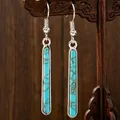 Vintage bohemian style rectangular turquoise drop earrings with elegant silver fish hooks - Long Rectangular Style (DZ-1043)