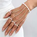 Exaggerated multi-strand pearl hand chain ring bracelet with gold-tone finish for women - Multi-layer Four-finger Artificial Pearl Hand Chain Bracelet (X398) / Gold with White