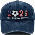 Detail of vintage washed blue baseball cap with 2026 soccer tournament embroidery - Adjustable / Navy Blue