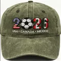 Detailed view of a vintage washed green cotton baseball cap with 2026 soccer tournament embroidery - Adjustable / Army Green