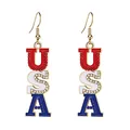 Close-up detail of USA letter drop earrings with red white and blue rhinestones - USA Letters Shape (Gold)