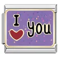 Purple glitter stainless steel modular charm with I love you text for DIY bracelet - Silver (I ❤️ YOU)