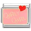 Stainless steel modular charm with pink enamel Girly Girl text and red heart design - Silver (GIRLY GIRL)