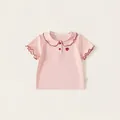 Sweet pink baby girl short sleeve cotton t-shirt featuring red wavy doll collar and strawberry - 80 / Tops / Pink