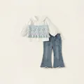 Girls 3-piece outfit set with white shirt, blue knit vest and flared denim jeans - 80 / Top And Bottom / White