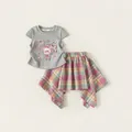 A stylish girls' summer two-piece set with a rabbit print t-shirt and plaid skirt - 80 / Top And Bottom / Mixed Grey