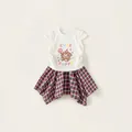 Completo estivo da bambina con gonna a scacchi e maglietta con cucciolo - 80 / Top E Pantaloni / Rosa