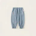 Girls light blue embroidered denim pants with cute flower and strawberry motifs - 80 / Bottoms / Denim Blue (XK26013)