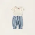 Toddler girl summer outfit set with ruffled cherry T-shirt and floral denim pants - 100 / Tops / Beige