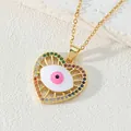 Collana con ciondolo a cuore malocchio dorato e zirconi colorati - Stile Cuore Occhio Rosa e Strass Colorato (Stile 12)