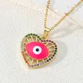 Collana con pendente a cuore in acciaio al titanio dorato con occhio rosa e pietre colorate - Cuore e Occhio con Ciglia Strass Colorati (Stile 14)