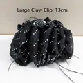 Large black satin hair claw clip with sparkling rhinestones and black feather accents - Starry Feather