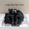 Elegant large black satin fabric hair claw clip with sparkling rhinestones, 13cm size - Heart White Zirconia