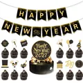 2027 Happy New Year banner and cupcake topper set in elegant black and gold glitter theme. - 2027 New Year Decoration Set 1