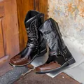 Premium Western cowboy boots with eagle embroidery and pointed toe in black and brown leather - 38 / Western Cowboy Boots (1217) / Black
