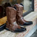Classic brown and black embroidered Western cowboy boots with harness and pointed toe - 38 / Western Cowboy Boots (1217) / Brown