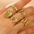 Elegant gold stainless steel starfish and shell adjustable open ring set for women - Starfish Shell 5-Piece Style (09) / 5 Pieces / Gold