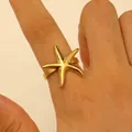 Elegant gold-plated stainless steel starfish open adjustable ring for women beach style - Starfish Style (DZ-372) / Gold