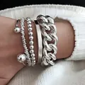 Set of 4 chunky silver-tone punk bracelets featuring a thick Cuban chain and beads - Chunky Chain Round Beads 5-Piece Set / Silver