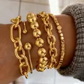 Exaggerated 4-piece set of chunky golden punk style stacked bracelets for women - Chunky Chain Round Beads 5-Piece Set / Gold