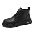 Classic men's black mid-top microfiber leather Martin boots with thick lugged outdoor soles - 39 / Black