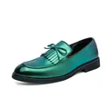 Mens metallic green leather loafer with retro tassel and bow detail - 38 / Metallic Green