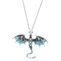 Close-up detail of a retro dragon pendant with blue enamel wings and sparkling rhinestones - Necklace / Antique Silver Sky Blue (N-1124)