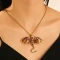 Collana vintage con ciondolo a forma di drago in smalto con cristalli colorati da donna - Collana Drago Caffè Oro Antico (N-1128)