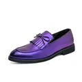 Vintage purple metallic leather loafers with fringe tassels for men in business casual style - 38 / Metallic Purple