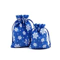 Detail view of blue Christmas drawstring burlap gift bags with white snowflake patterns. - 10*14cm / Blue Snowflake