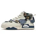 Eleganti sneakers alte vintage con ricamo a orsetto paisley e dettagli in patchwork pelle. - 39 / Blu Beige