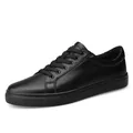 Classic black leather low-top casual board sneakers with lace-up closure for men - 35 / Black (Regular Style)