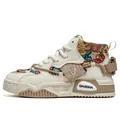 Sneaker alte retrò color crema con motivo a orsetto in jacquard colorato e pannelli in pelle - 39 / Cachi