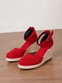 Red suede wedge sandals with woven espadrille soles and adjustable ankle straps - 38 / Red