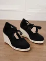 Sandalias de esparto con cuña en lona negra y cordones para vacaciones de verano - 34 / Negro