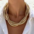 Statement multi-strand gold metallic choker necklace with a bold geometric design. - Multi-layer Snake Bone Style (33138-nek-G-EP) / Gold