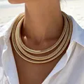 Elegant three-layer gold metallic choker necklace for women's fashion resort style - Triple-layer Flat Torque Style (33140-nek-G-EP) / Gold