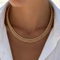 Golden chunky geometric chain choker necklace worn on model - Geometric Linked Chain Style (33139-nek-G-EP) / Gold