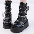 Gothic black platform combat boots featuring silver cross buckles and chain details - 35 / Black (603)
